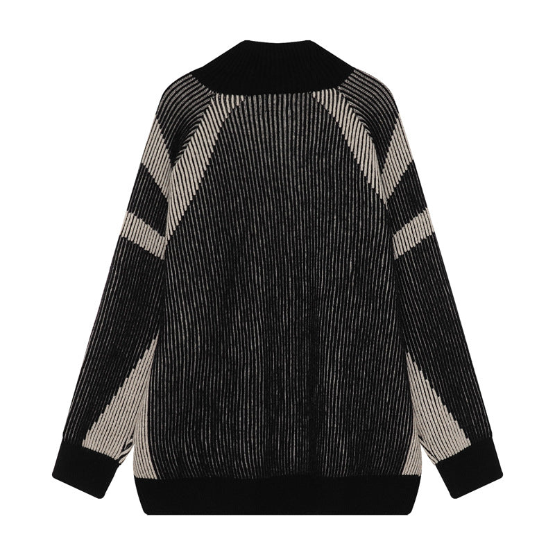 Men's Fashion Casual Retro Contrast Color Striped Zipped Stand Collar Sweater