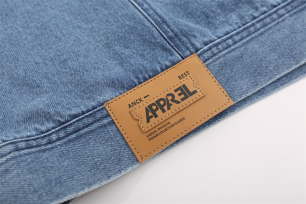 Workwear Personality Turn-down Collar Coat Men's Loose Fashion PU Leather Stitching Contrast Color Denim Jacket