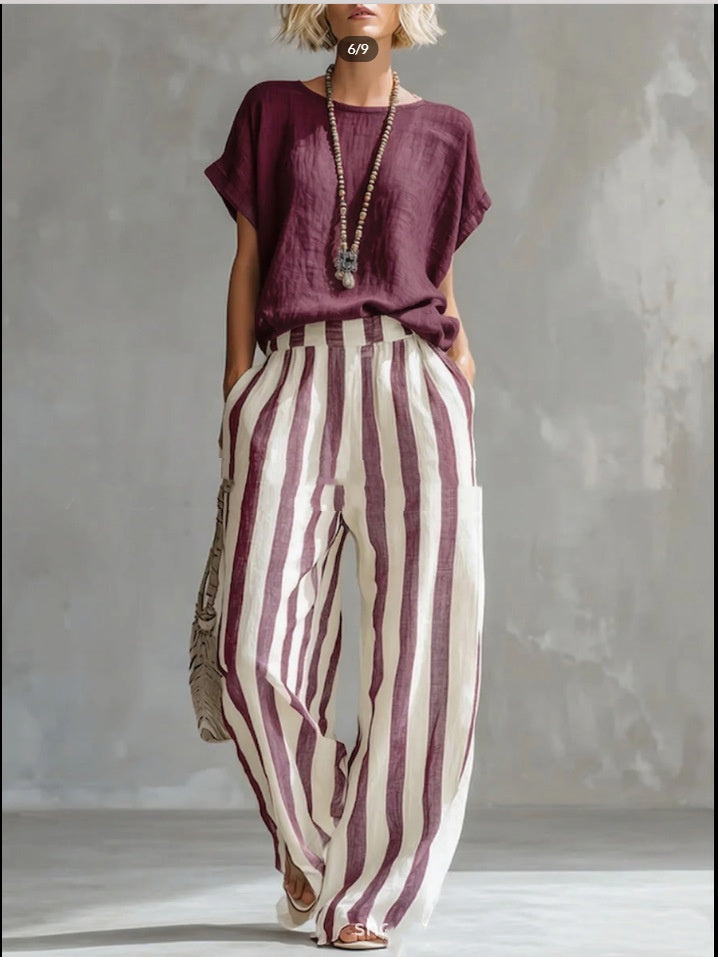 Women's Striped Cotton-Linen Two-Piece Set