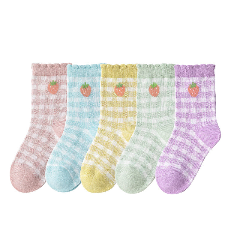 Children's Socks French Plaid Strawberry Cute Cartoon