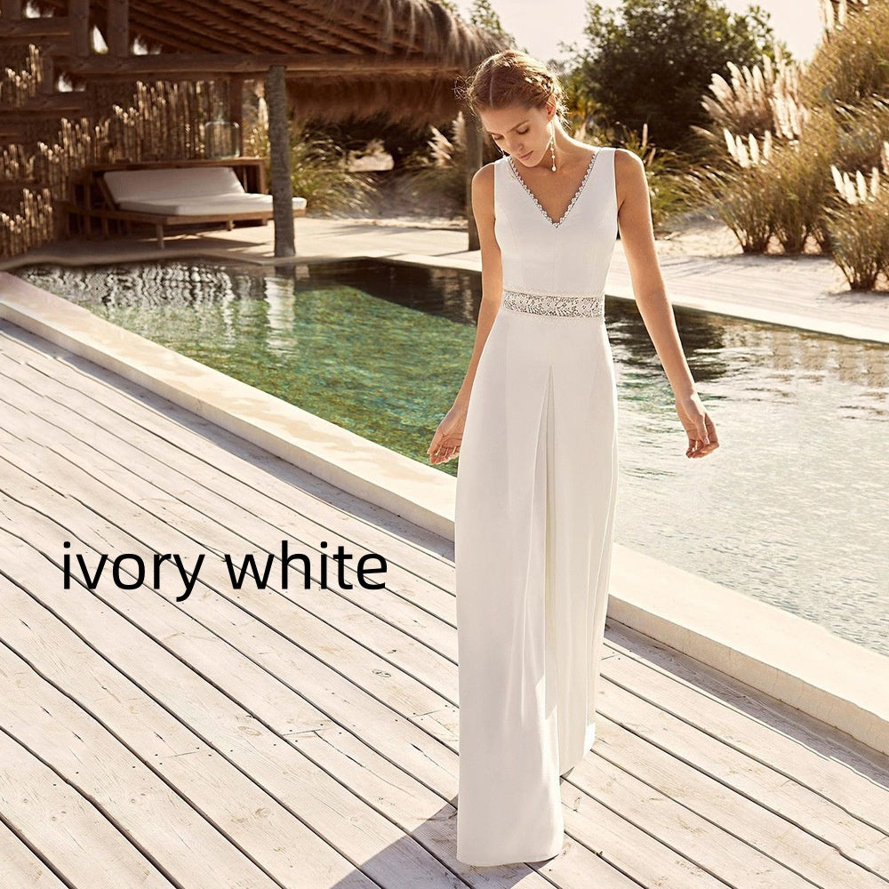 Women's Solid Color Casual V-neck Backless Jumpsuit