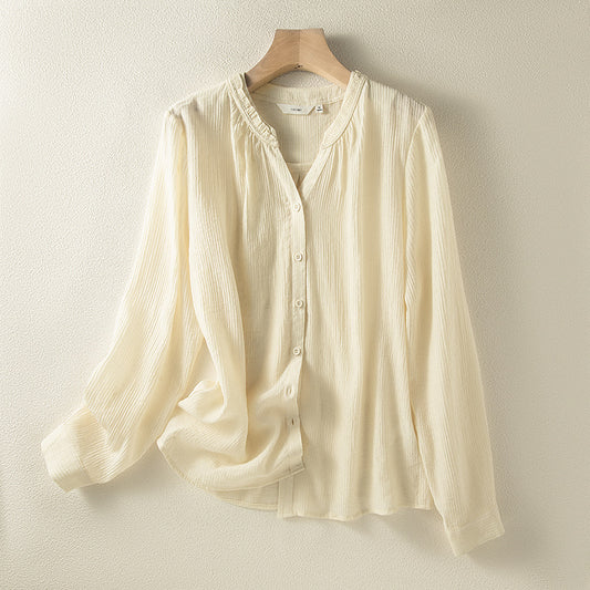 Womens Long Sleeve V Neck Loose Fit Button Up Shirt