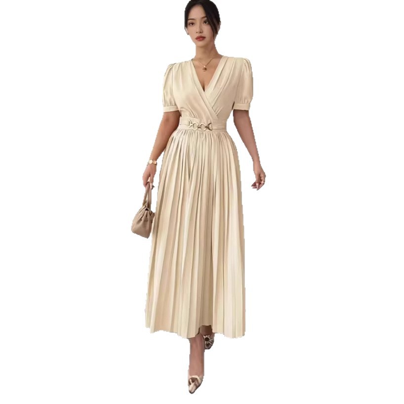 Cross V-Neck Defined Waist Slimming Puff Sleeve Patchwork Pleated Dress For Women