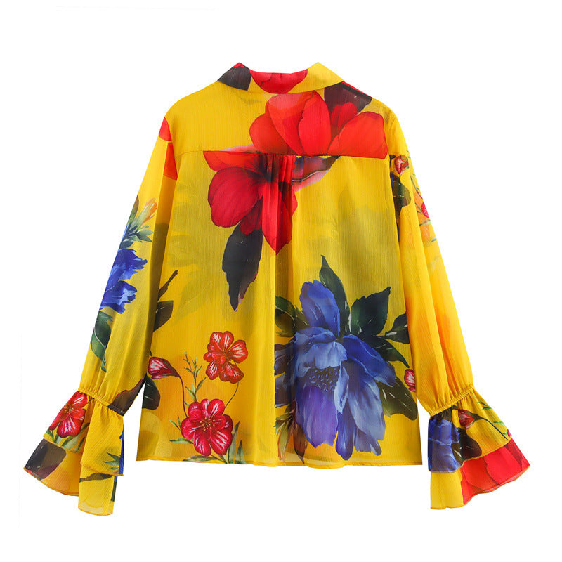 Women's Simple Bell Sleeve Printed Chiffon Shirt