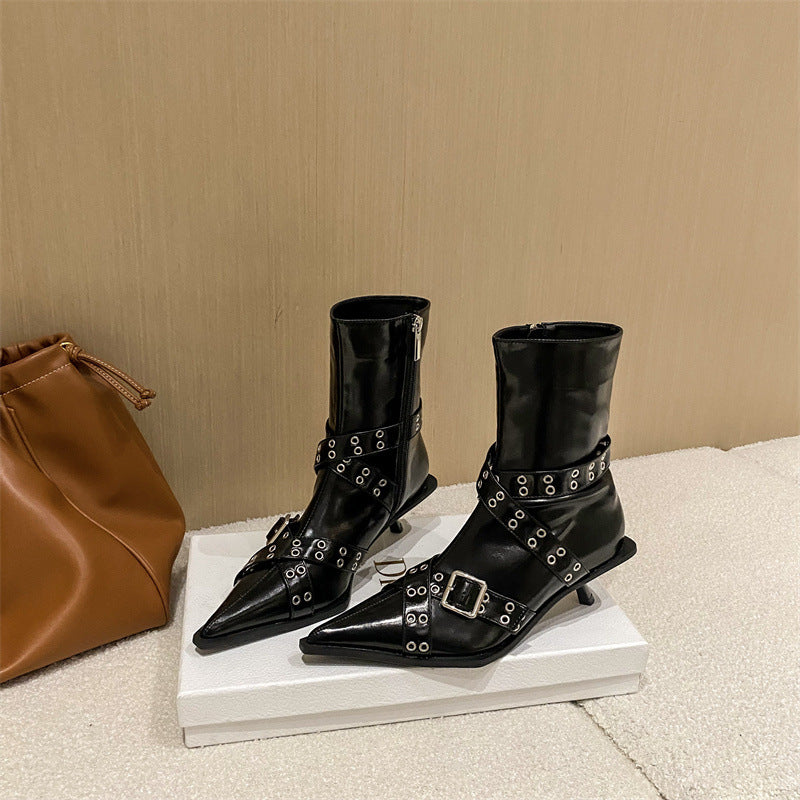 Pointed Stiletto Cross Belt Buckle Booties Women