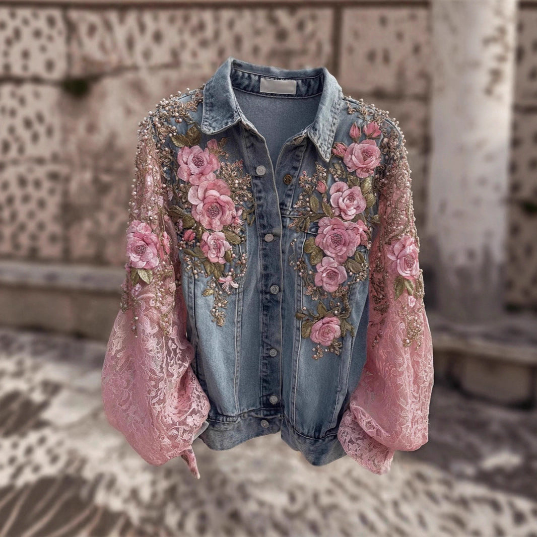 Women's Vintage Patchwork Print Turned Hem Denim Jacket