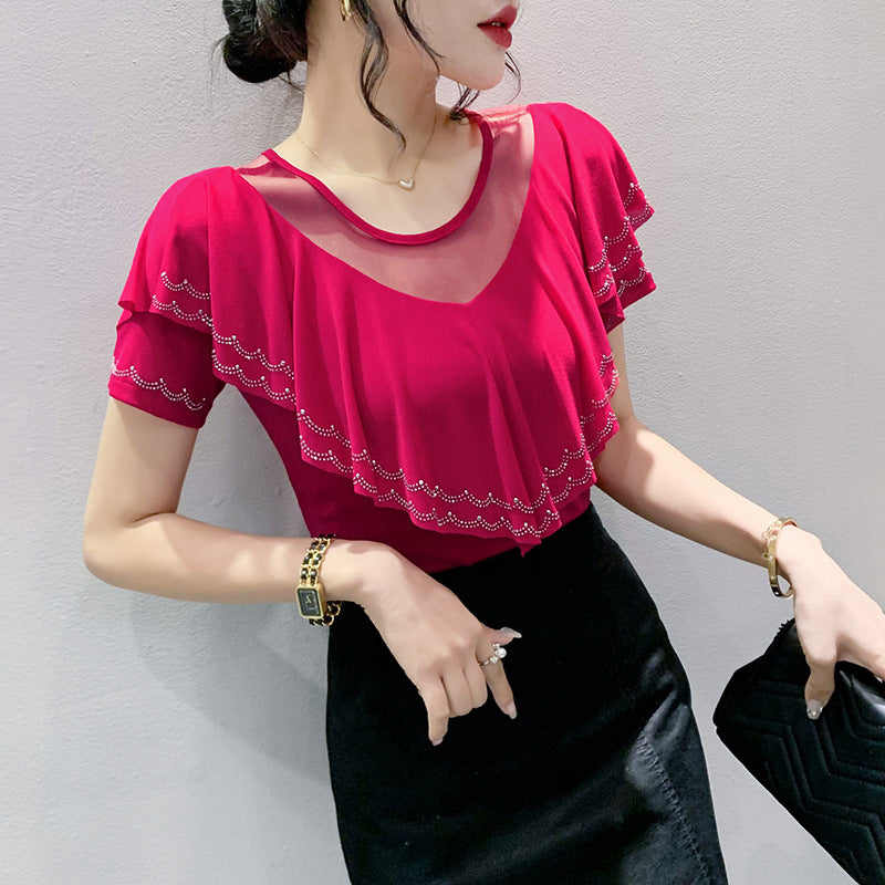 Heavy Embroidery Hot Drilling Fashion V-neck Flounce Diamond Short Sleeve Women