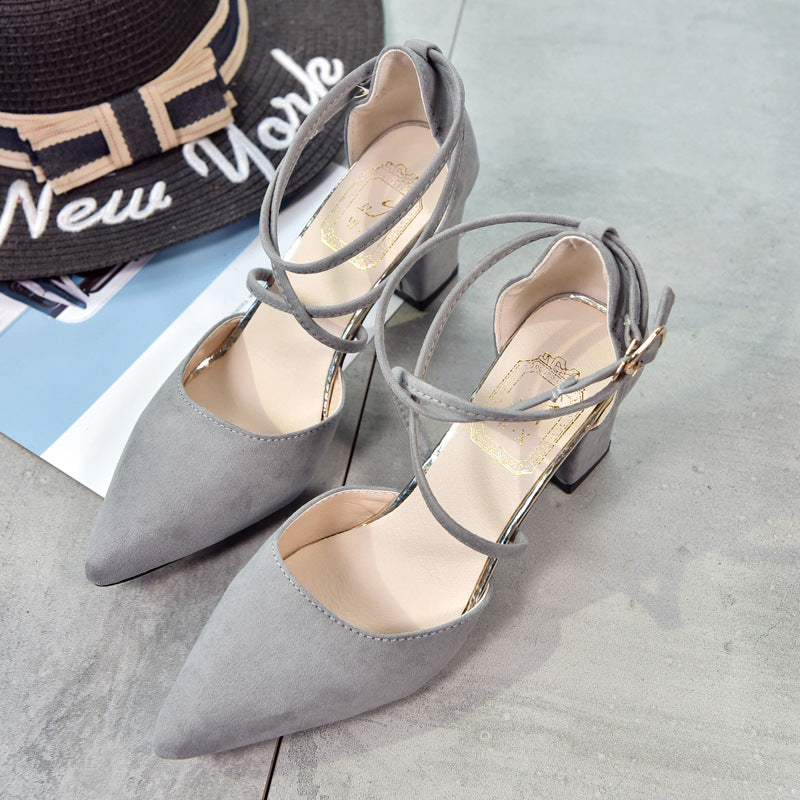 Pointed Suede High-heeled Shoes With A Buckle And Lace-up