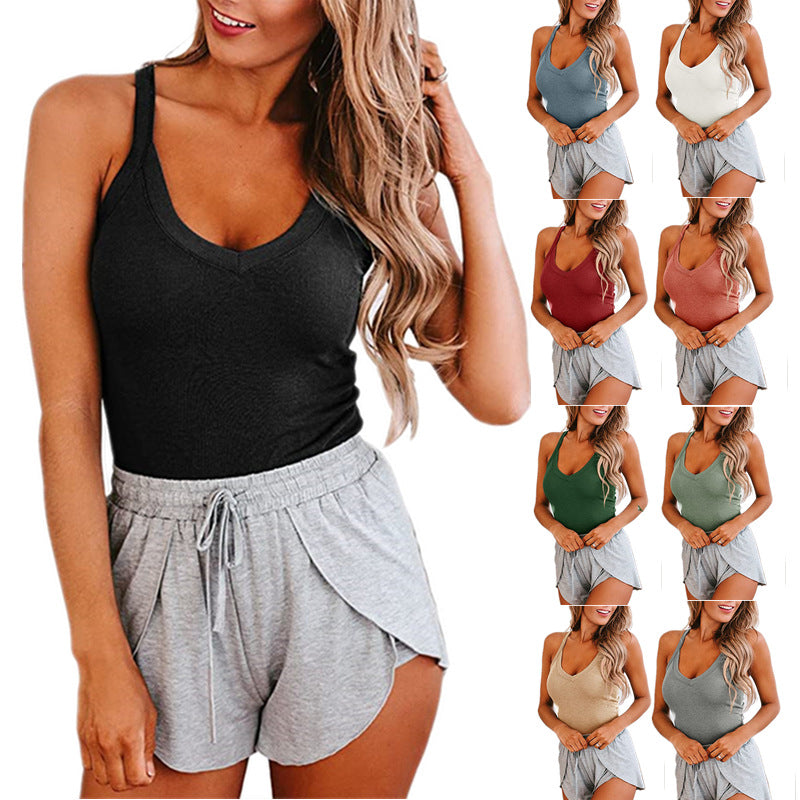 Solid Color Pit Strip V Neck Suspenders Threaded Small Vest Top Women
