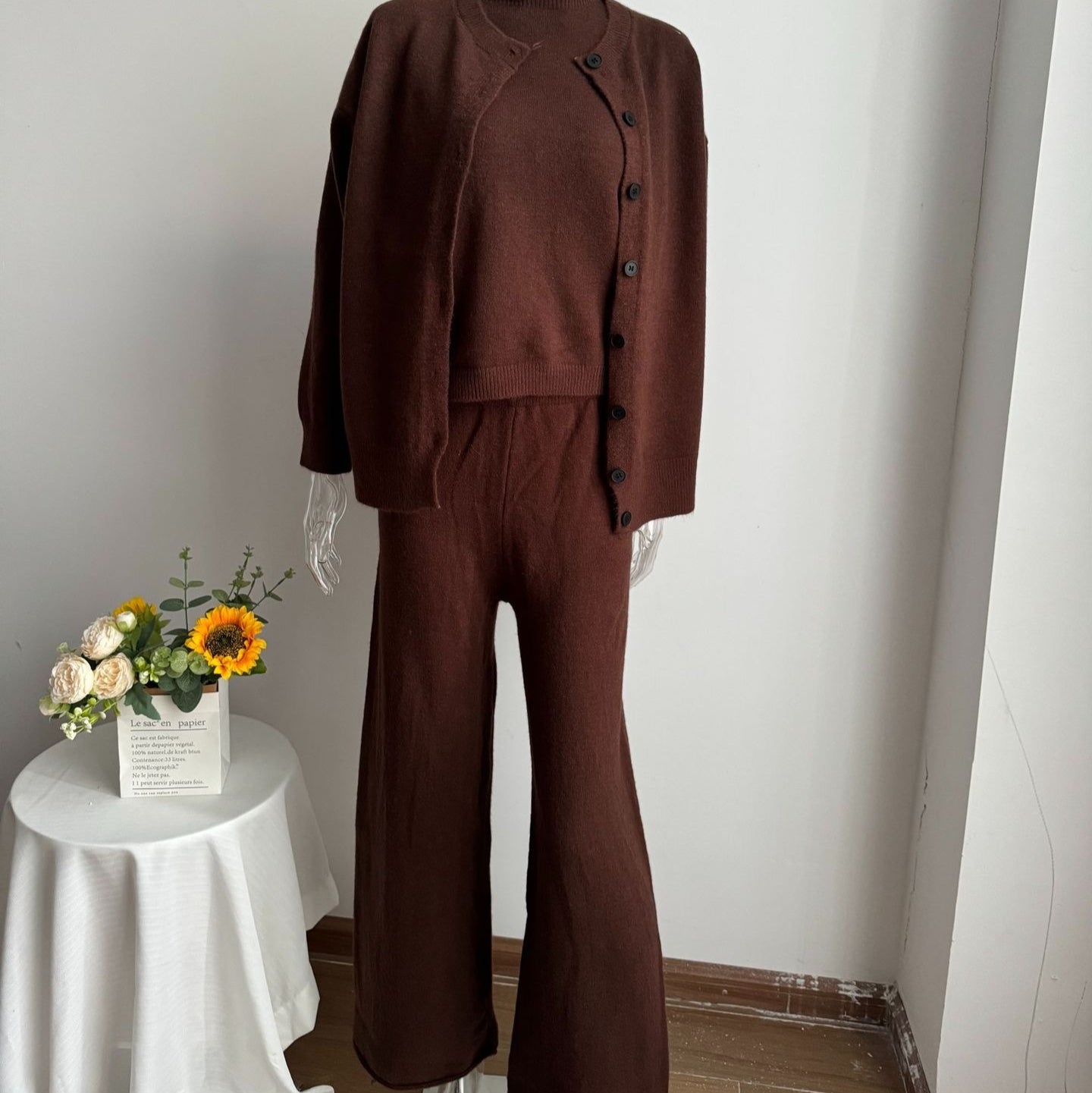 Women's Sweater Suit Round Neck Sweater Cardigan Knitted Vest Same Color Trousers