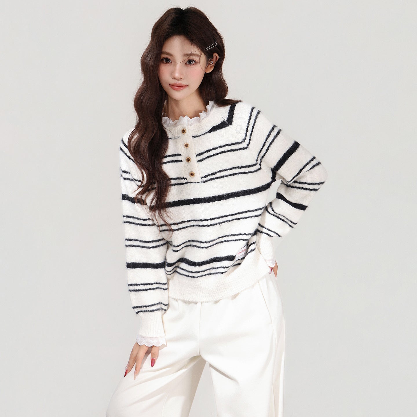 Autumn And Winter Lace Ruffle Color Block Stripe Thickened Knit Sweater