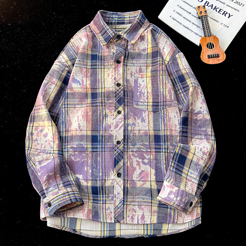 Plaid Shirt Printing And Dyeing Gradient Baggy Coat Shirt
