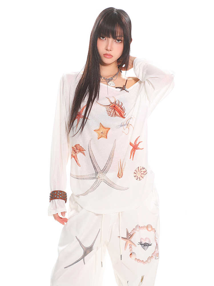 Diagonal Collar Long Sleeve T-shirt Printed See-through Loose Blouse