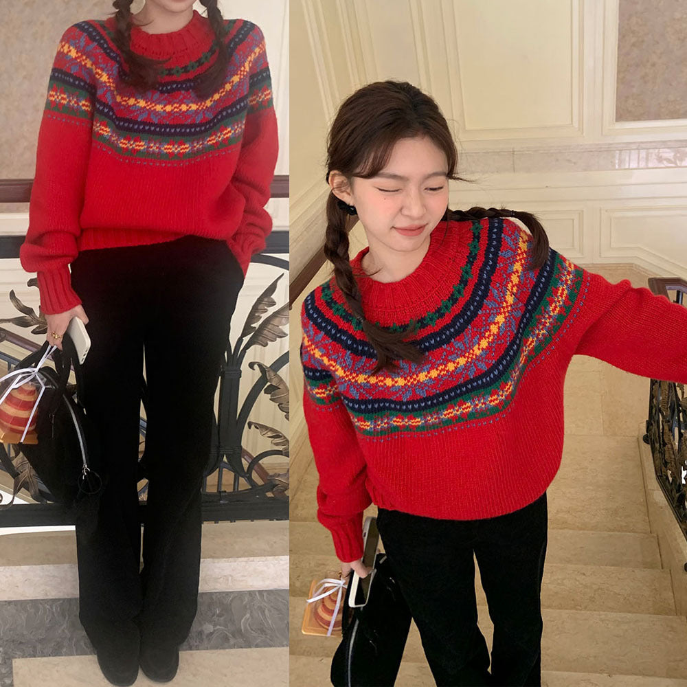 Autumn Winter Retro Round Neck Colorful Jacquard Christmas Atmosphere Thick Pullover Sweater