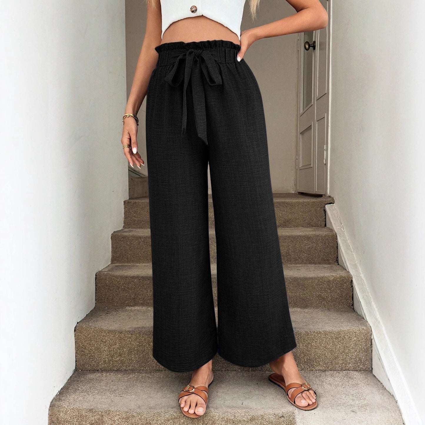 Bow-tie Waistband Casual Resort Flowy Pants