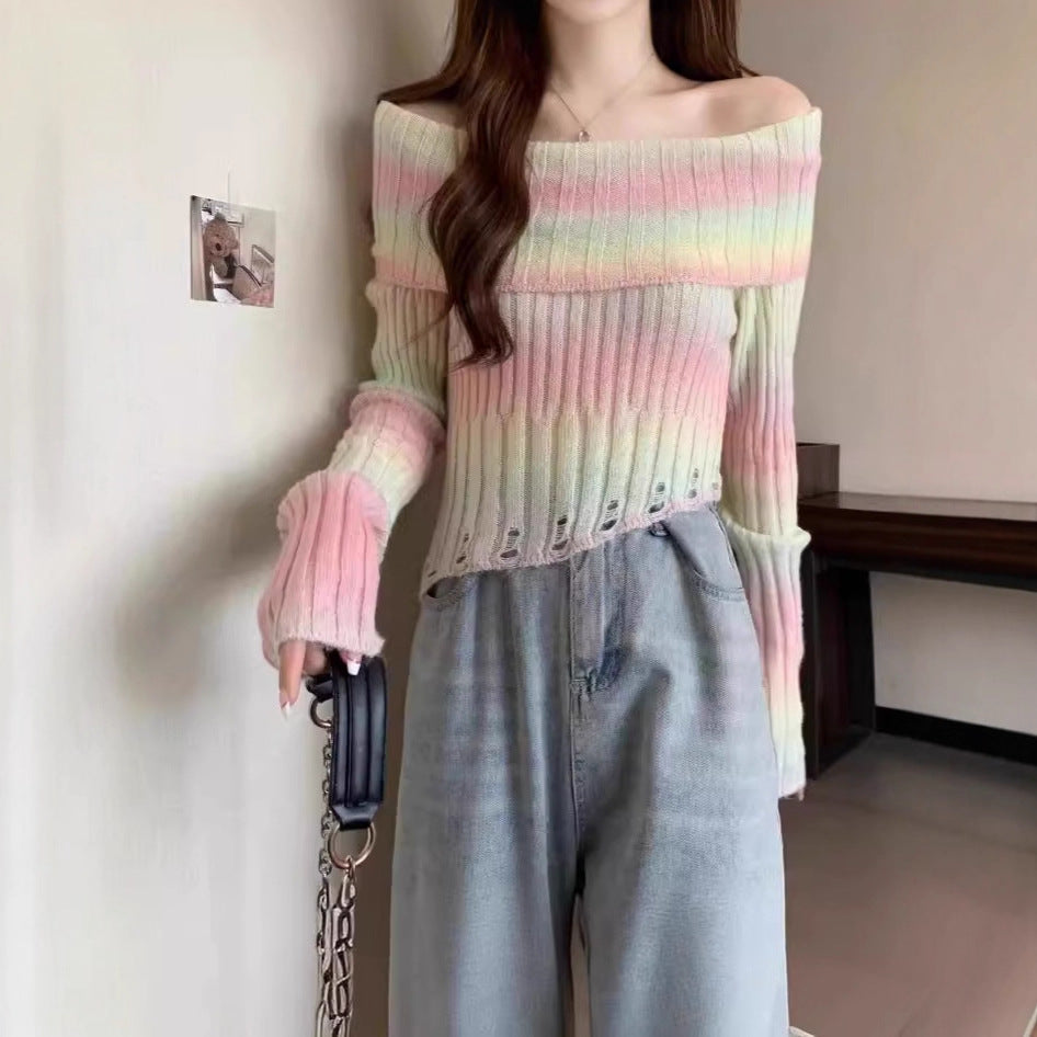 Off-shoulder Gradient Irregular Slim-fit Sweater For Women