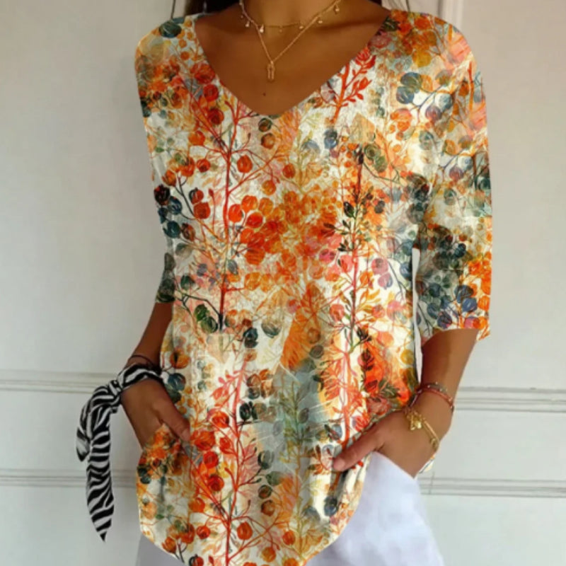 Women's Stylish V-Neck Long Sleeve Plant Print Top