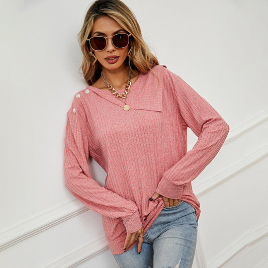 Women's Round Neck Pullover Fastener Decoration Top Sweater