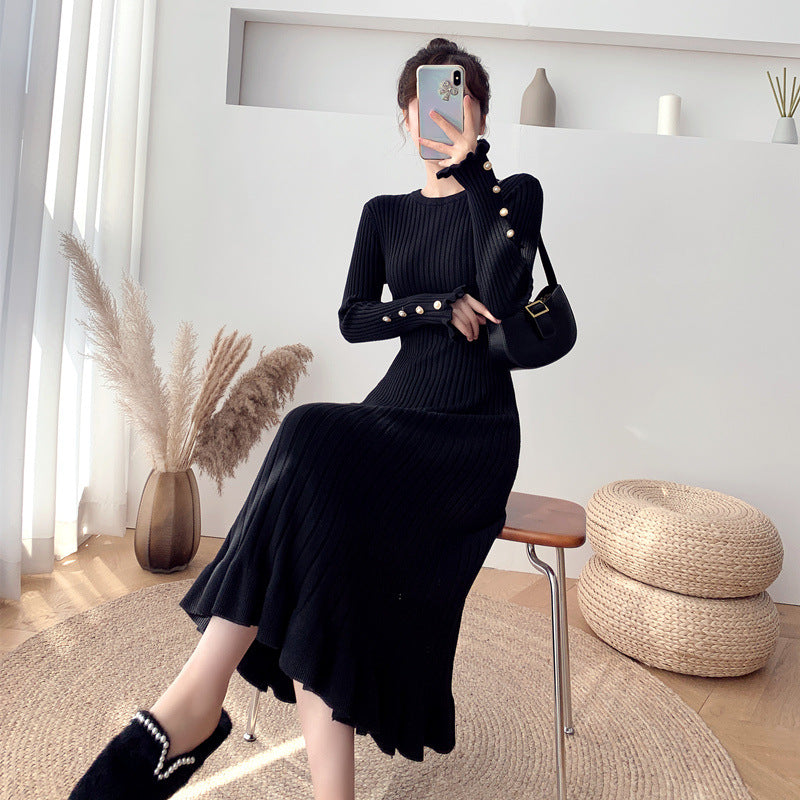 Above-the-knee Sweater With Ruffled Hem Knitted One-piece Dress