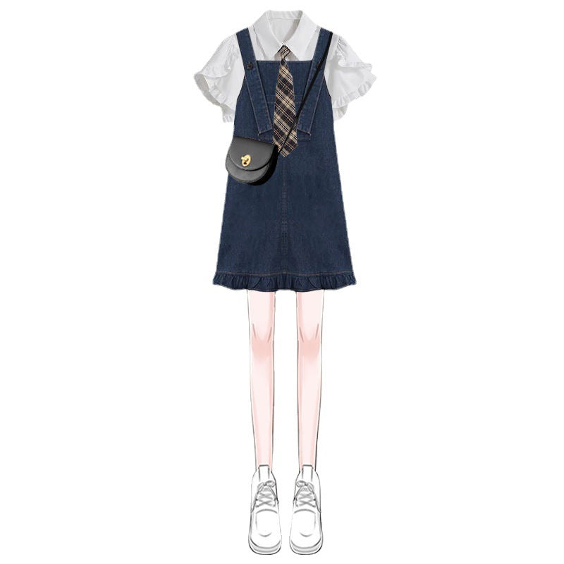 Girl Denim Dress College Style Blouse Suspender Skirt Outfit