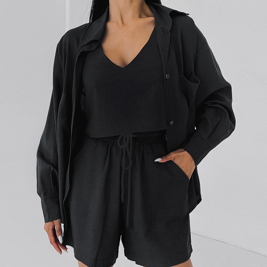Pure Cotton Loose-Fit Wearable-at-Home Vest Shirt And Shorts Pajama Set 3 Pieces