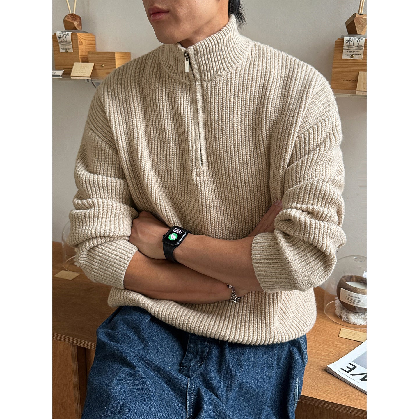 New FallWinter Mens Half-Neck Zip-Up Turtleneck Sweater