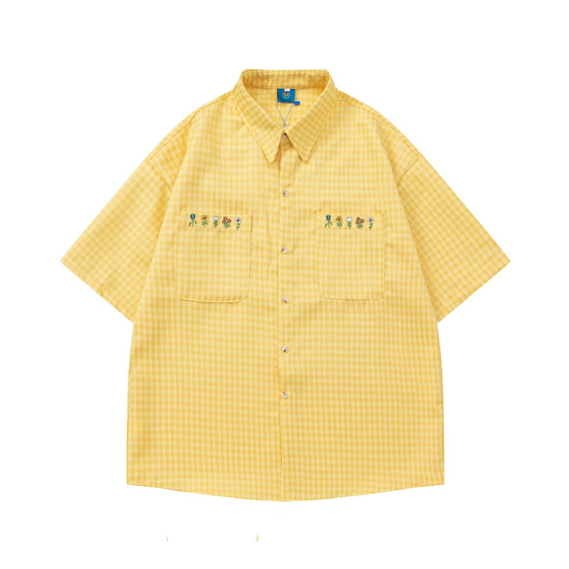 Plaid Embroidered Short-sleeved Loose All-match Couple Shirt
