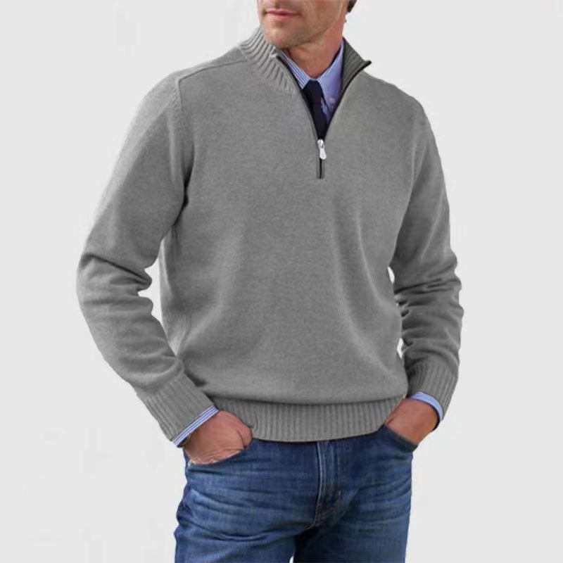 Sweater til mænd med lynlås og opretstående krave Vintermode Ensfarvet Strikket Langærmet Top Tøj