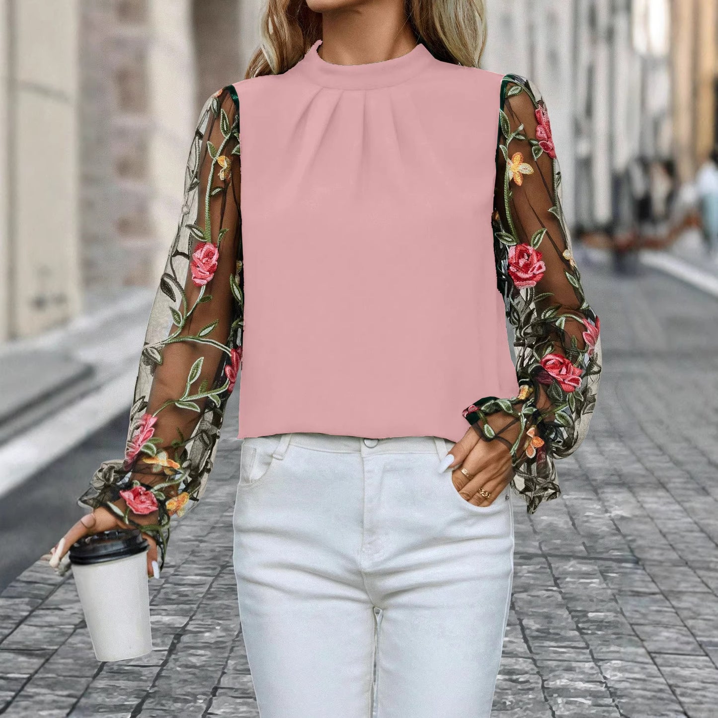 Womens Half-Neck Blouse With Patchwork 3D Embroidered Mesh Fabric