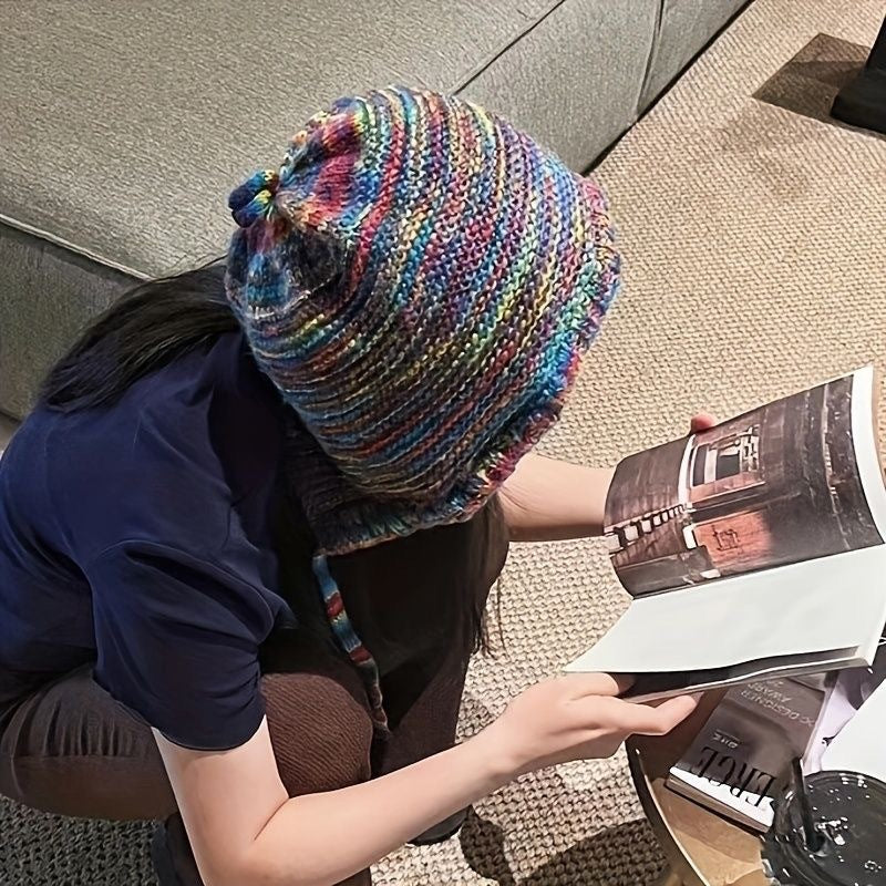 AutumnWinter Rainbow Striped Earflap Knit Hat