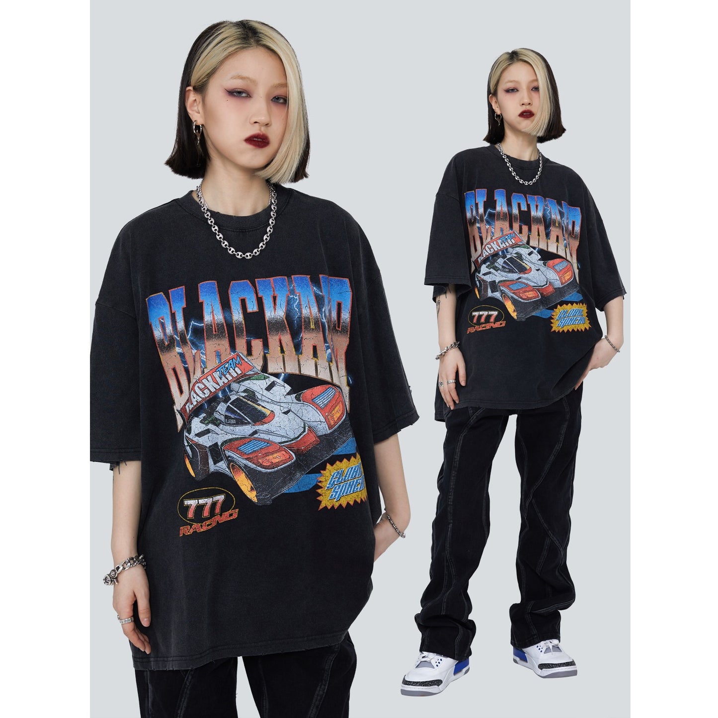 Vintage Vasket Slidt Løs Rundhals T-shirt med Direkte Print