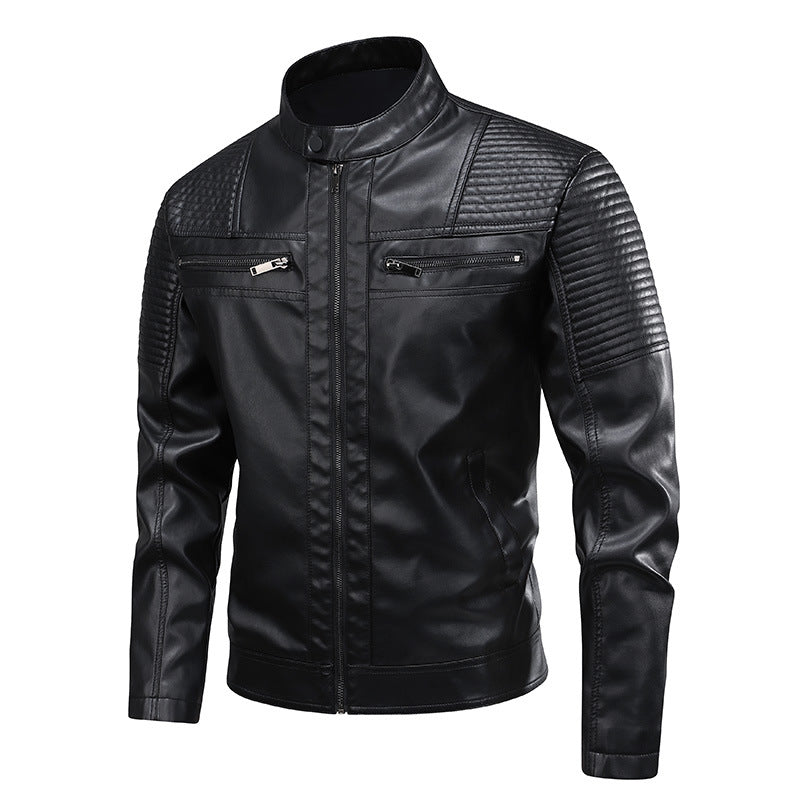 Mens Stand-Up Collar Leather Jacket Slim-Fit Leather Biker Coat For Men