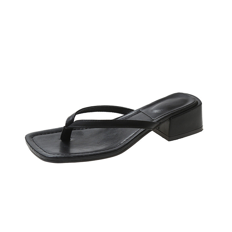 Women's Fashion Outerwear Square Toe All-matching Chunky Heel Non-slip Beach Flip Flops