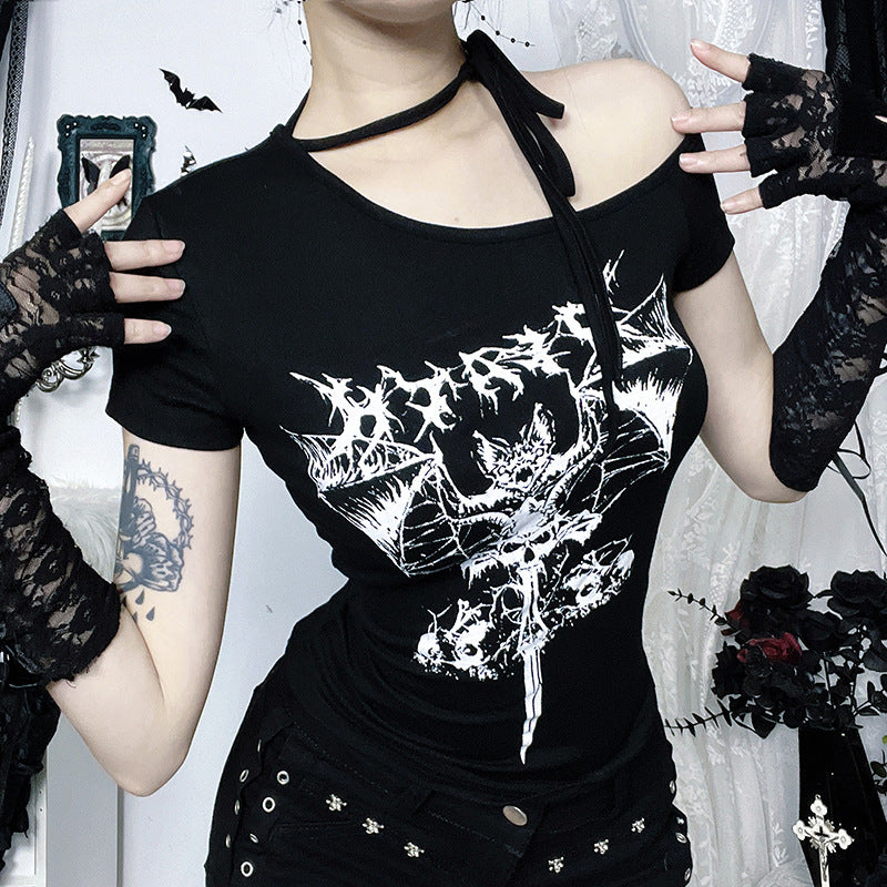 Dark Gothic-style Off-shoulder Basic Print Top