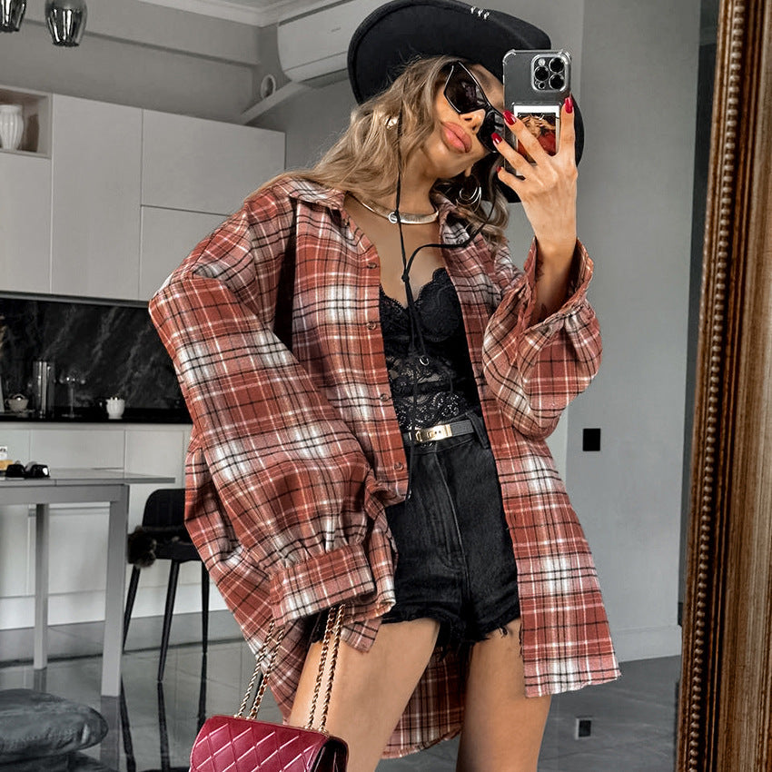 Retro Contrast Color Loose Plaid Shirt