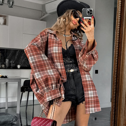 Retro Contrast Color Loose Plaid Shirt
