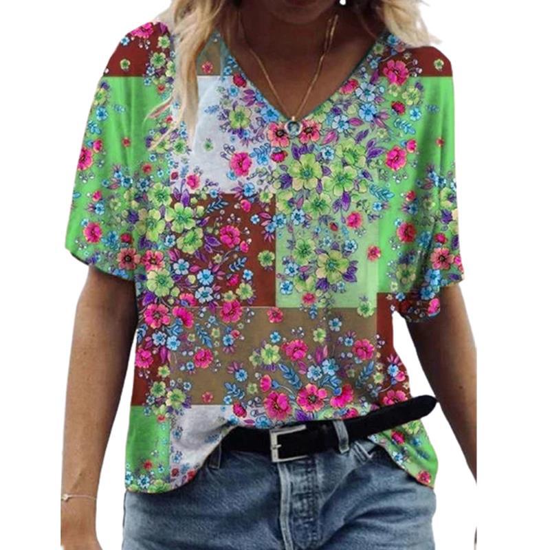 Blomsterprint Pullover V-hals Kortærmet T-shirt til Kvinder