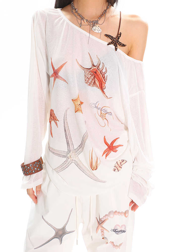 Diagonal Collar Long Sleeve T-shirt Printed See-through Loose Blouse