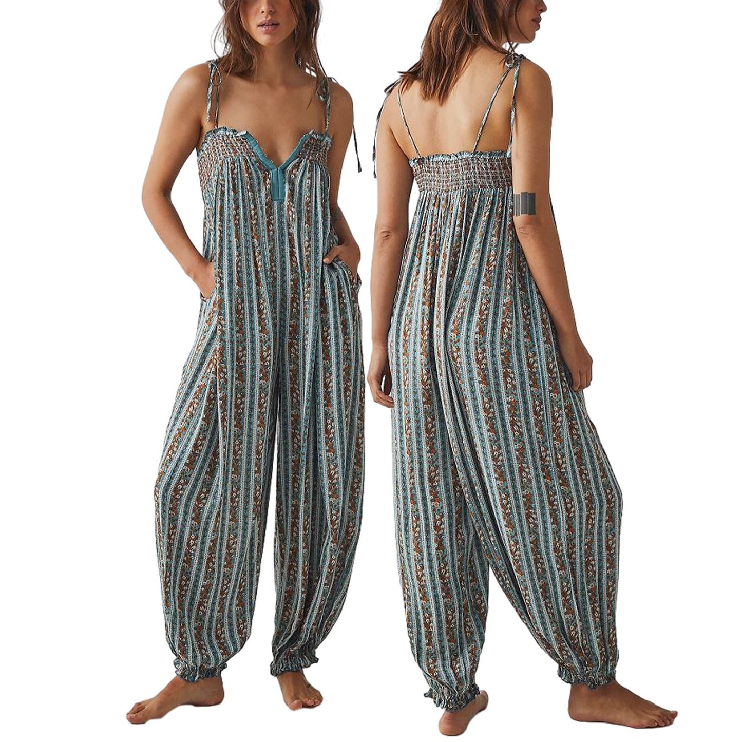 Womens Printed Loose-Fit Figure-Flattering Jumpsuit Pants