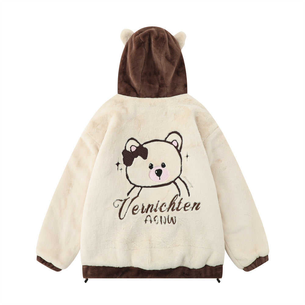 Cute Embroidered Bear Ear Hooded Lamb Plush Coat