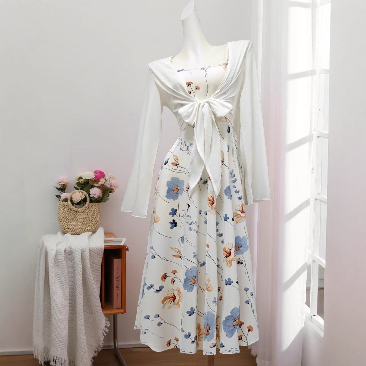 Elegant Floral Spaghetti Strap Dress Slim White Floral Pure Print Set
