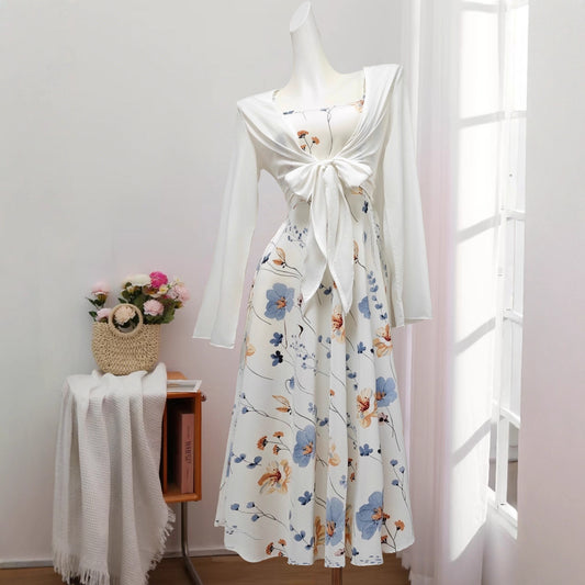 Elegant Floral Spaghetti Strap Dress Slim White Floral Pure Print Set