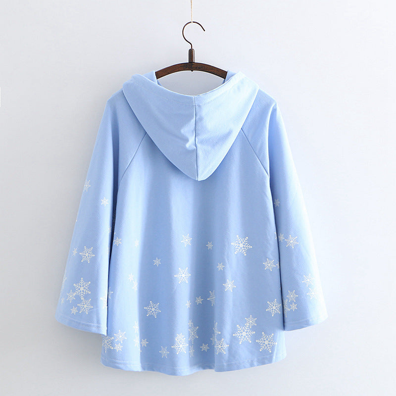 Japanese College Style Cartoon Snowflake Print Hooded Pullover