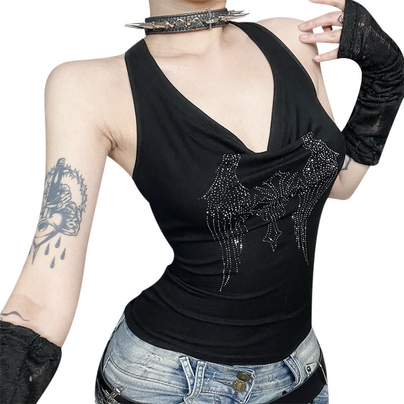Gothic Dark Cross Rhinestone-strapped Off-shoulder Backless Tank Top Versatile Womens Vest