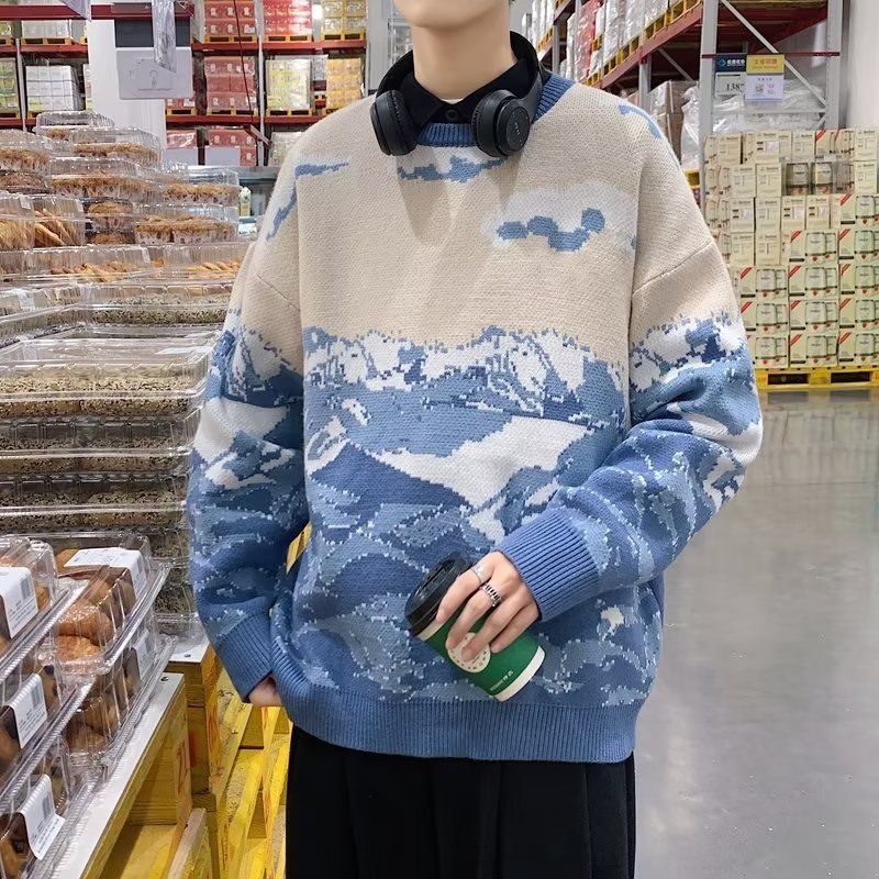 Amerikansk Modebrand Retro Snow Mountain Tie-dye Crew Neck Pullover Sweater