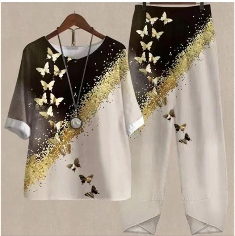 New Women's Five-quarter Sleeve Printed Top Two-piece Pants