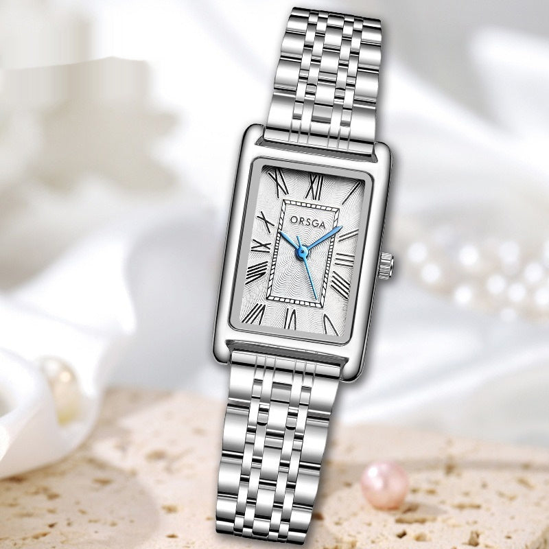 Fashionable Womens Square Steel-Strap Quartz Watch