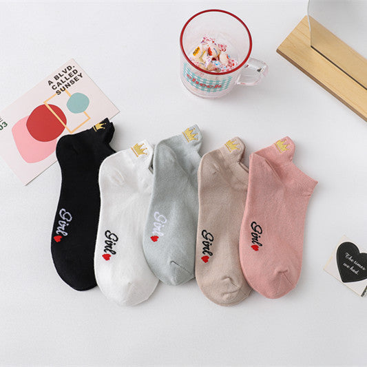 Women's Heel Crown Embroidered Combed Cotton Low Top Low Cut Socks Boat Socks
