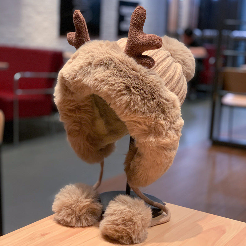Korean Style Cute Deer Horn Fur Ball Ear Protection Plush Bonnet Christmas Thickened Cycling Cap