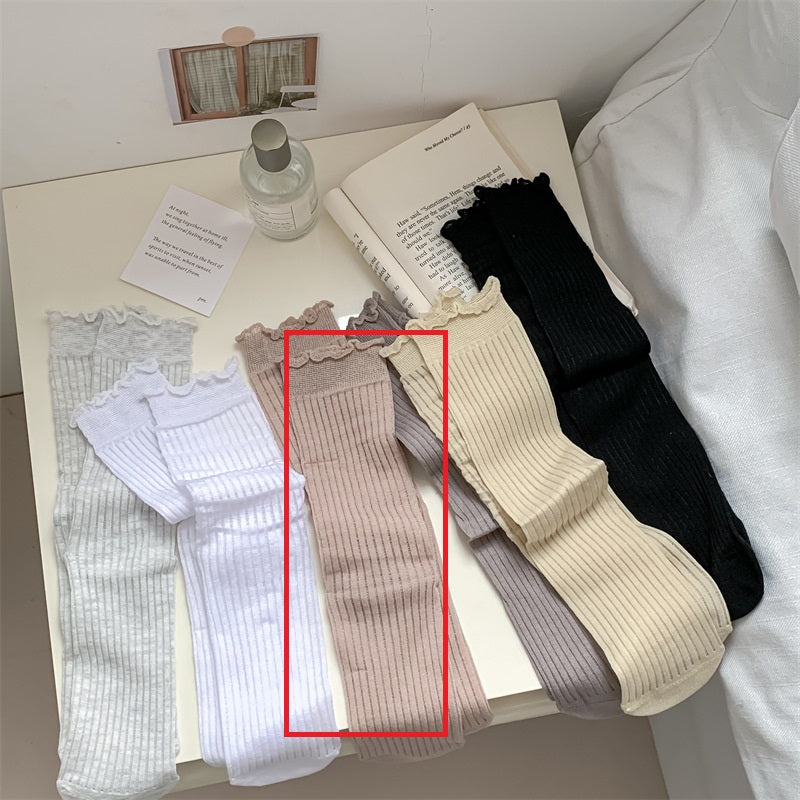 Solid Color Rib Fabric Wooden Ear Lady White Tube Bunching Socks